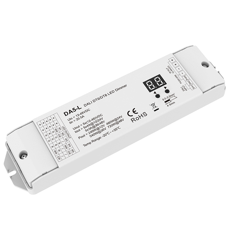 5kanálový stmívač konstantního napětí DT6 DT8 DALI pro LED pásek DA5-L 5kanálový stmívač konstantního napětí DT6 DT8 DALI pro LED pásek DA5-L