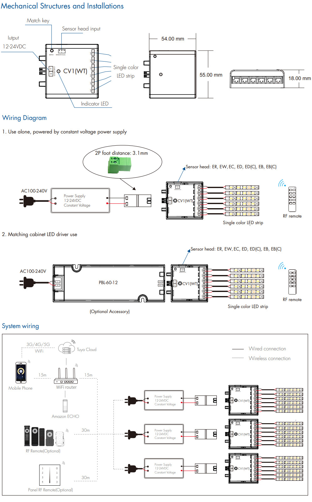 CV1(WT) 6CH WiFi RF Sensor LED Regalbeleuchtung Dimmer