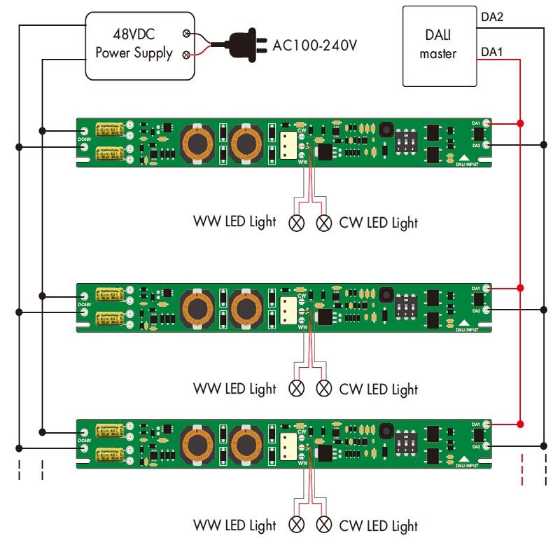 CXD-21A-2 150 až 500 mA DALI CCT LED Driver Schéma zapojení