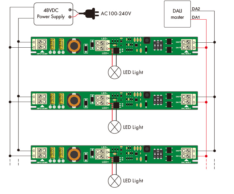 Magnetický stmívatelný LED ovladač CXD-28A DALI Schéma zapojení