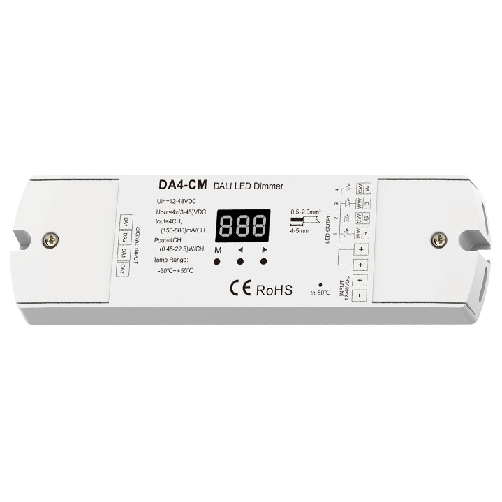 4CH*(150-500mA/350-1200mA) 12-48VDC Constant Current DALI Dimmer DA4-CM (DT6/DT8) For DIM, CCT, RGB, RGBW