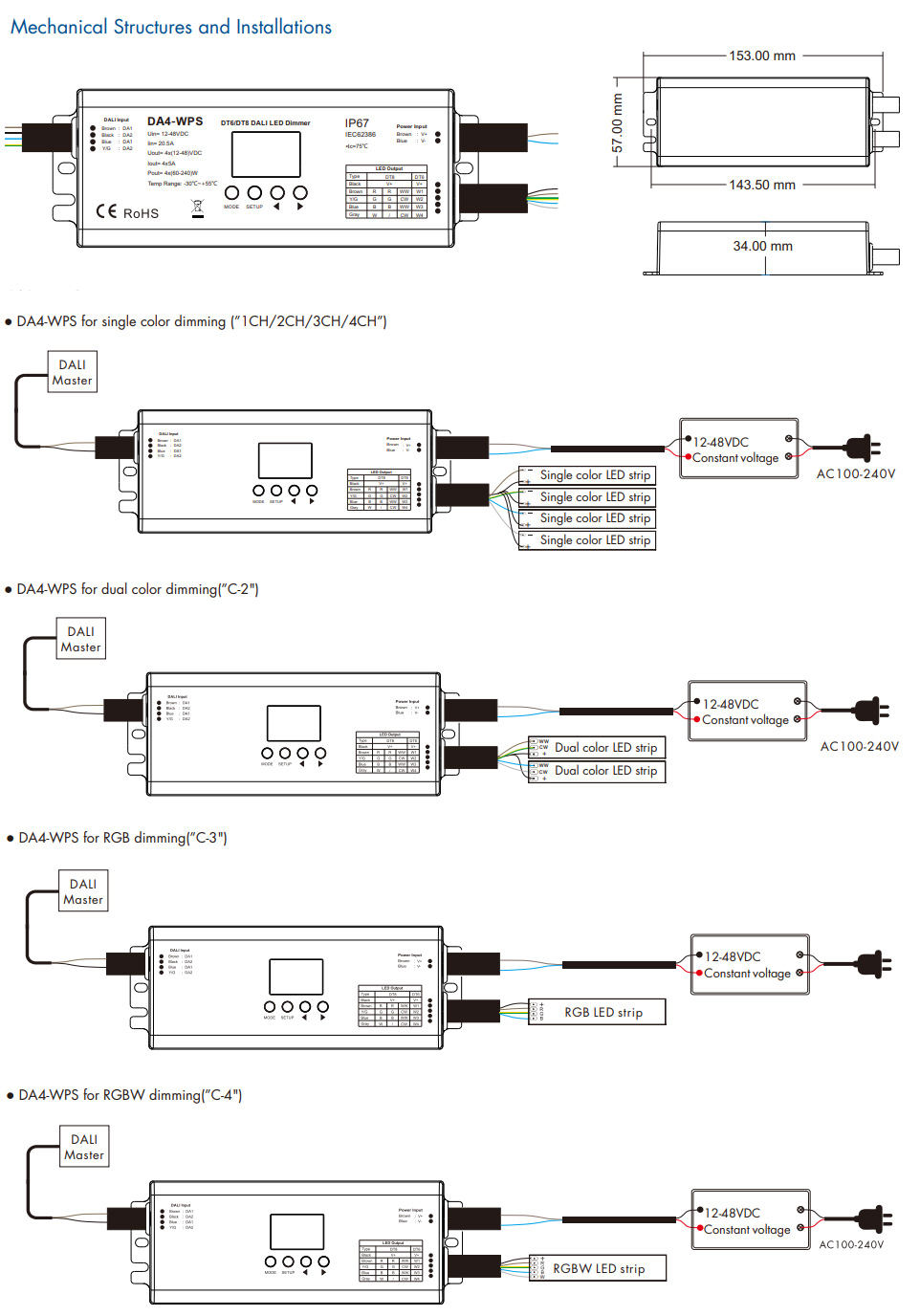 DA4-WPS IP67 4CH DALI DT6 DT8 Wasserdichter LED-Dimmer