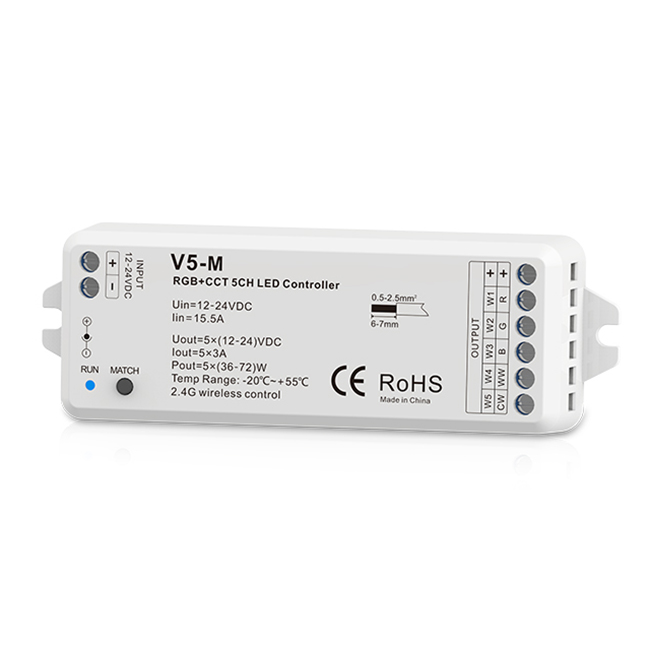 DC12-24V 5CH 3A Konstantní napětí RF 2.4G LED ovladač V5-M Pro světelnou lištu LED pásků