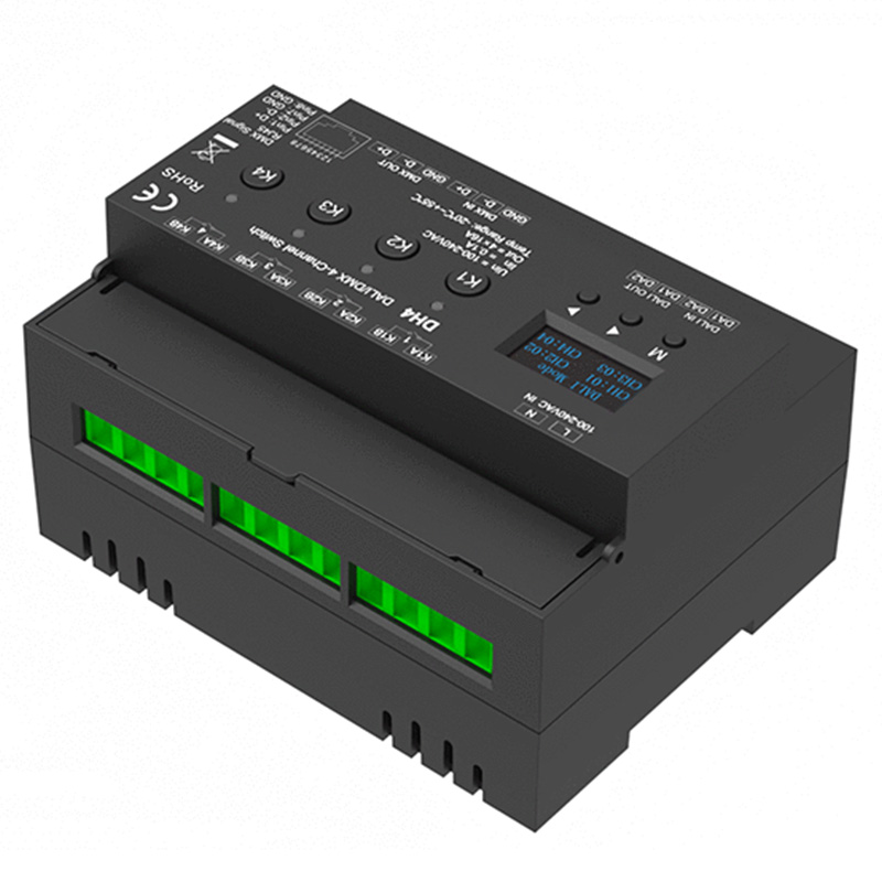 DH4 100 až 240VAC 4kanálový DMX DALI přepínač reléové jednotky DH4 100 až 240VAC 4kanálový DMX DALI přepínač reléové jednotky
