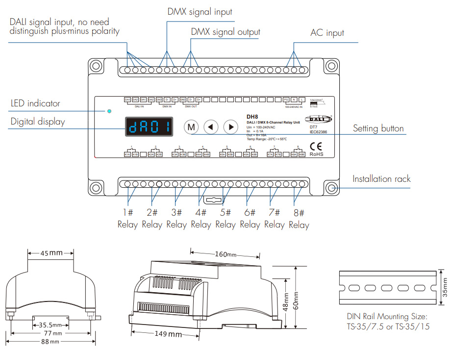 DH8 DALI DMX RDM 8 Channel AC Relay Switch Size