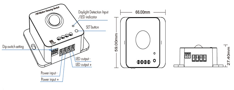 E1-RC 12 až 48VDC LED PIR pohybový senzor spínací struktury