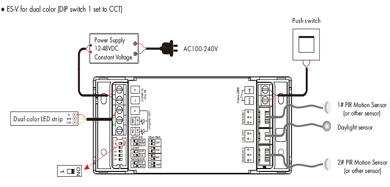 Schéma zapojení ovladače ES-V Dual Sensing CCT LED Light Dimmer