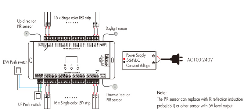 ES32-V OLED Display PIR Sensor Stair Light Controller System Wiring