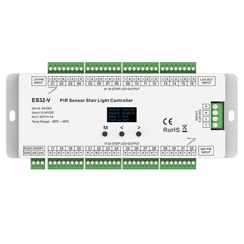 ES32-V 5 to 24VDC OLED Display PIR Sensor Stair Light Controller ES32-V 5 to 24VDC OLED Display PIR Sensor Stair Light Controller