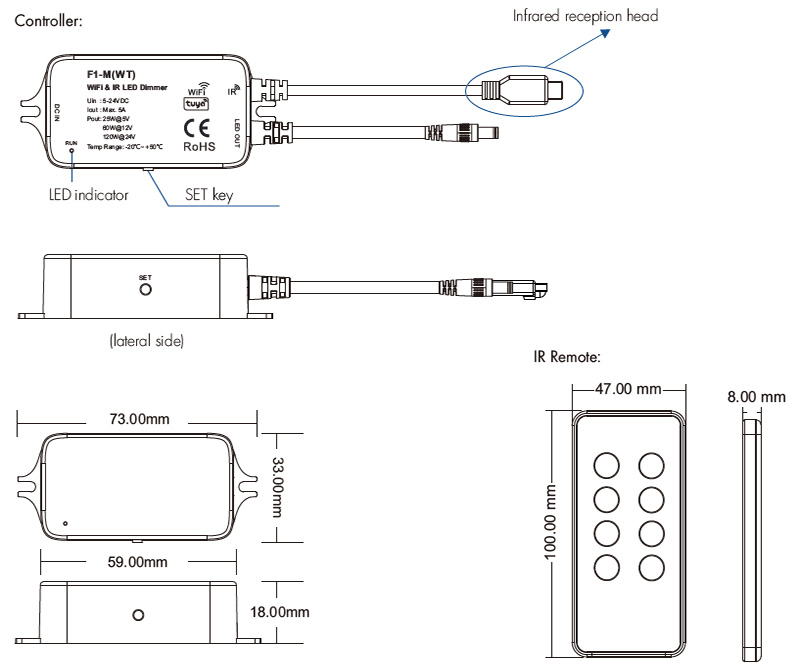 F1-M(WT)+RC1 WiFi a infračervené dálkové ovládání stmívačů světel