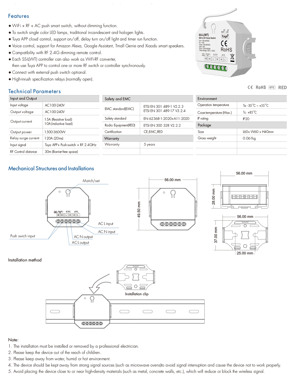 SS-L(WT) High Voltage Tuya Wifi a RF Smart Light Switch Alexa