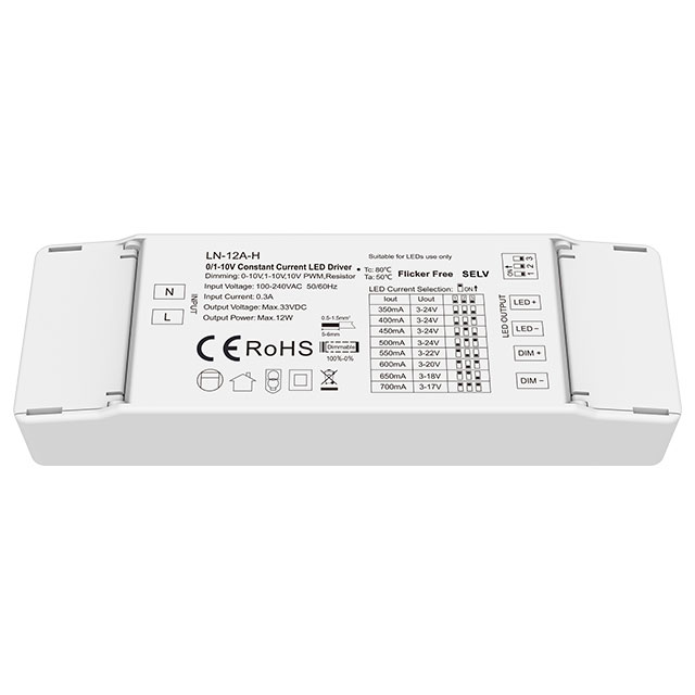 100-240VAC 12W 350-700mA Constant Current 0/1-10V Dimmable LED Driver LN-12A-H