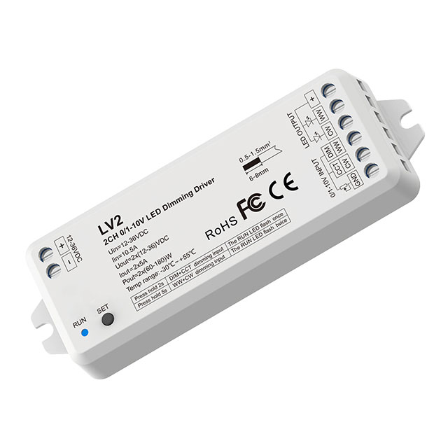 12-36VDC 10A*2CH 0/1-10V Constant Voltage Dimming Driver LV2 For CCT LED Strip Lights