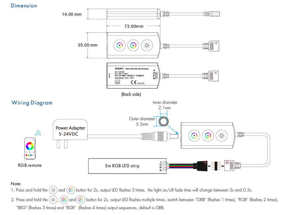 Mini 3 Button Tuya RF RGB LED Controller 