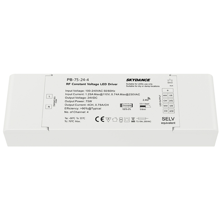 75W 4CH 24VDC CV Kabelloser LED-Treiber zum Dimmen und Dimmen mit Schalter PB-75-24-4 75W 4CH 24VDC CV Kabelloser LED-Treiber zum Dimmen und Dimmen mit Schalter PB-75-24-4