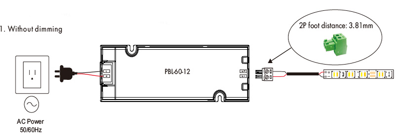 Schéma zapojení ovladače LED PBL-60-24 100 až 240VAC SELV
