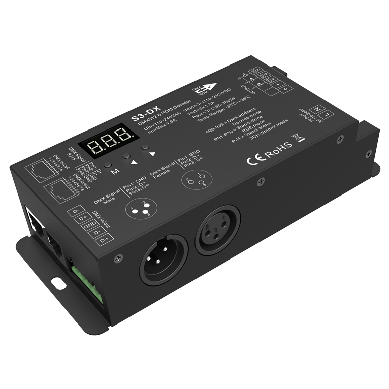 110-240VAC 500-1000W High Voltage LED Tape Light DMX512 Decoder S3-DX