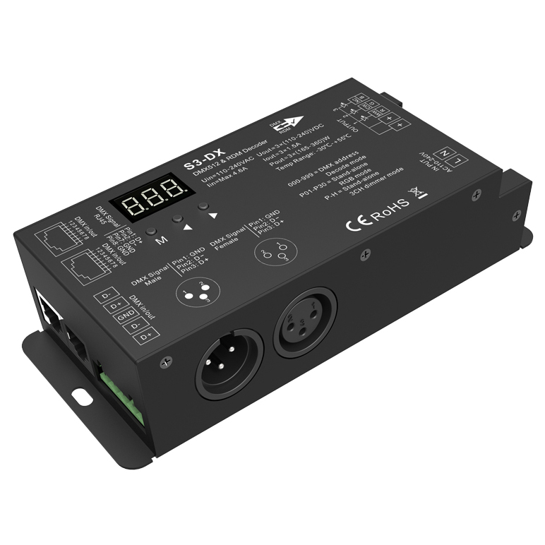 110-240VAC 500-1000W High Voltage LED Tape Light DMX512 Decoder S3-DX 110-240VAC 500-1000W High Voltage LED Tape Light DMX512 Decoder S3-DX
