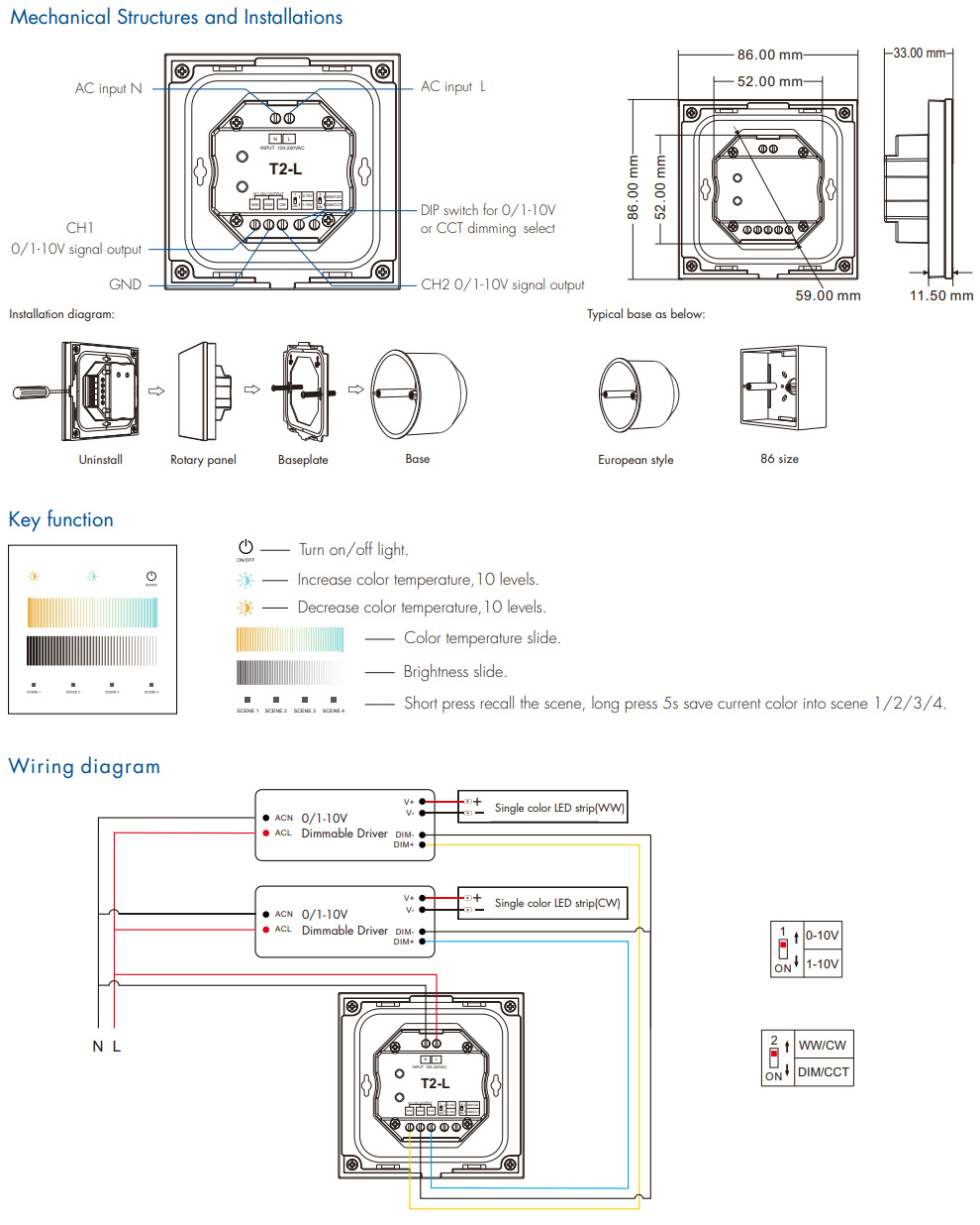 T2-L 2CH Farbtemperatur RF 0-10V 1-10V Touch Panel Dimmer
