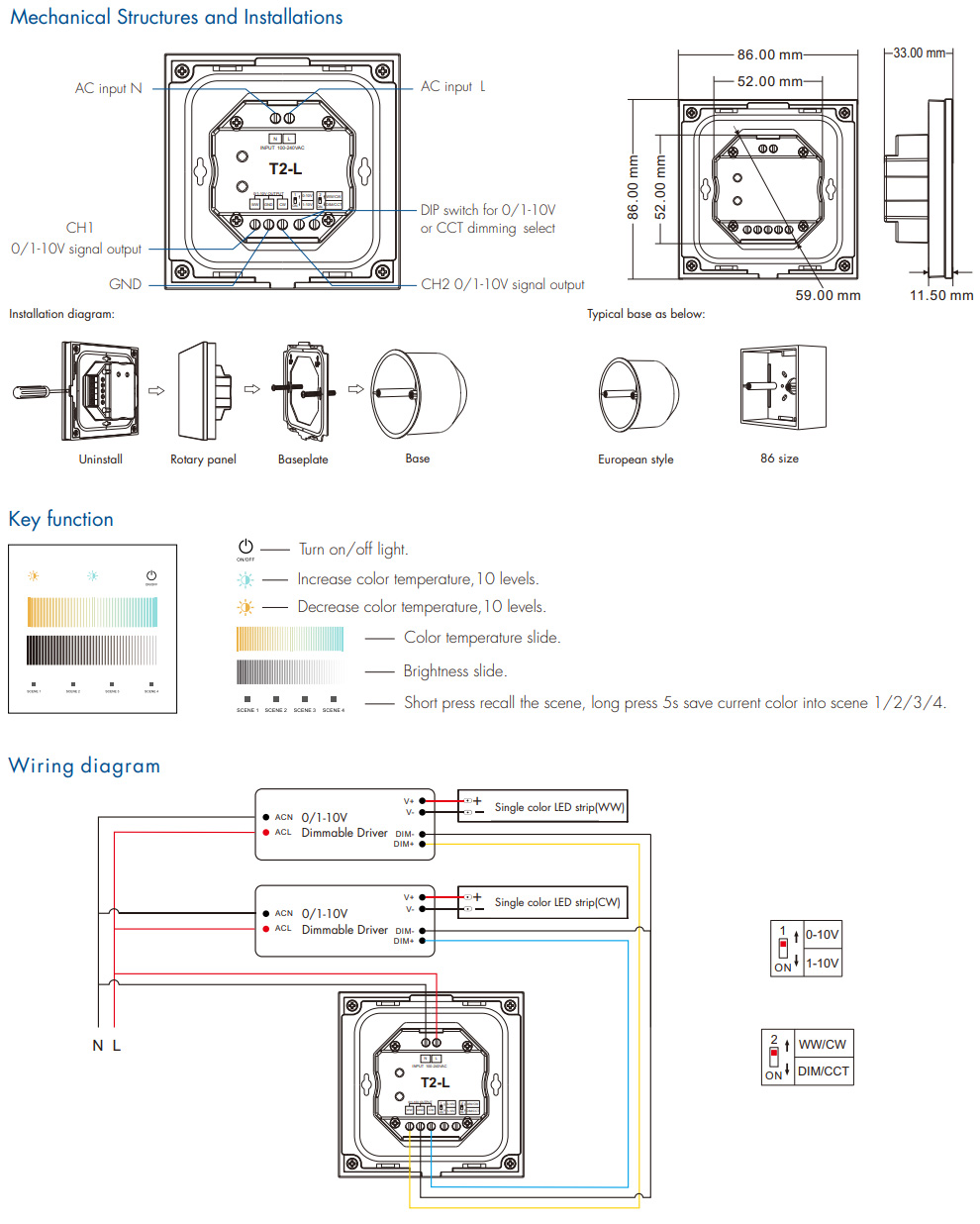 T2-L 2CH Color Temperature RF 0-10V 1-10V Touch Panel Dimmer