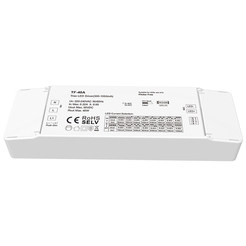 TF-40A 40W 300 až 1050 mA Stmívatelný konstantní proud LED ovladač TF-40A 40W 300 až 1050 mA Stmívatelný konstantní proud LED ovladač