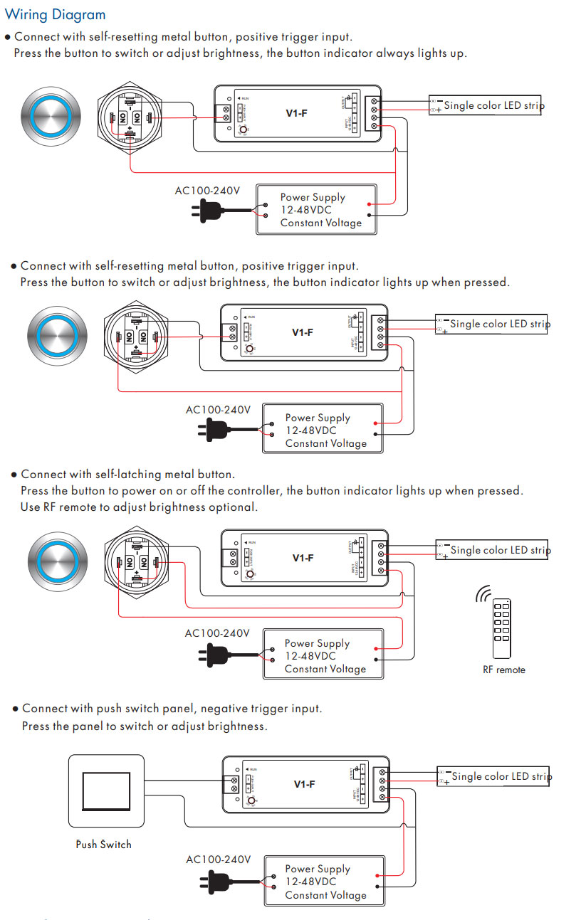 V1-F 12-48VDC Fade-in Fade-out Push Dim + RF LED Dimmer ...
