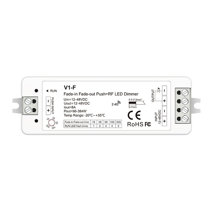 1CH*8A 12-48VDC Fade-in Fade-out Push Dim + RF LED Dimmer V1-F 1CH*8A 12-48VDC Fade-in Fade-out Push Dim + RF LED Dimmer V1-F