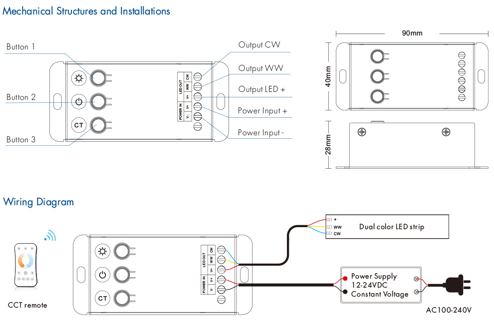 V2-C RF 3 Button Tunable White LED Controller Details