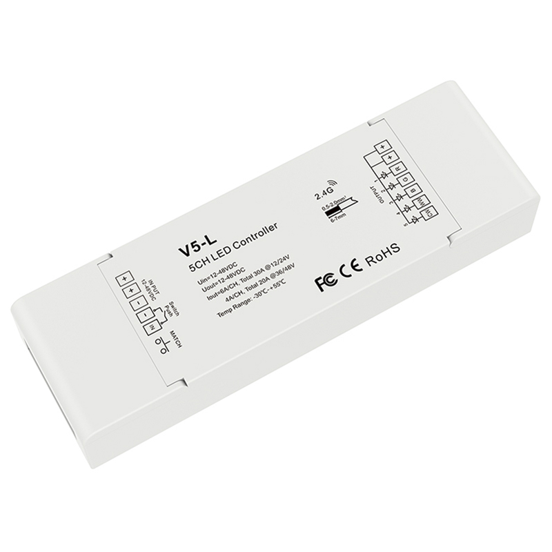 V5-L 5CH*5A DC12-48V CV RGB+CCT RF 2.4G LED Controller V5-L 5CH*5A DC12-48V CV RGB+CCT RF 2.4G LED Controller