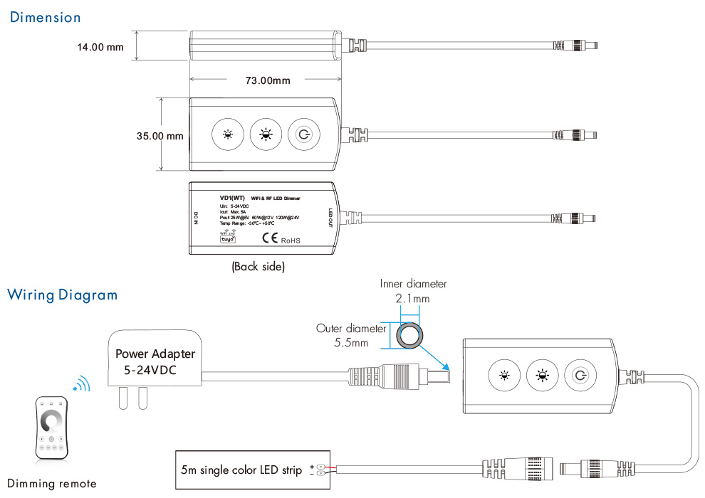 VD1 (WT) WiFi Tuya und RF Drucktasten-Dimmerschalter