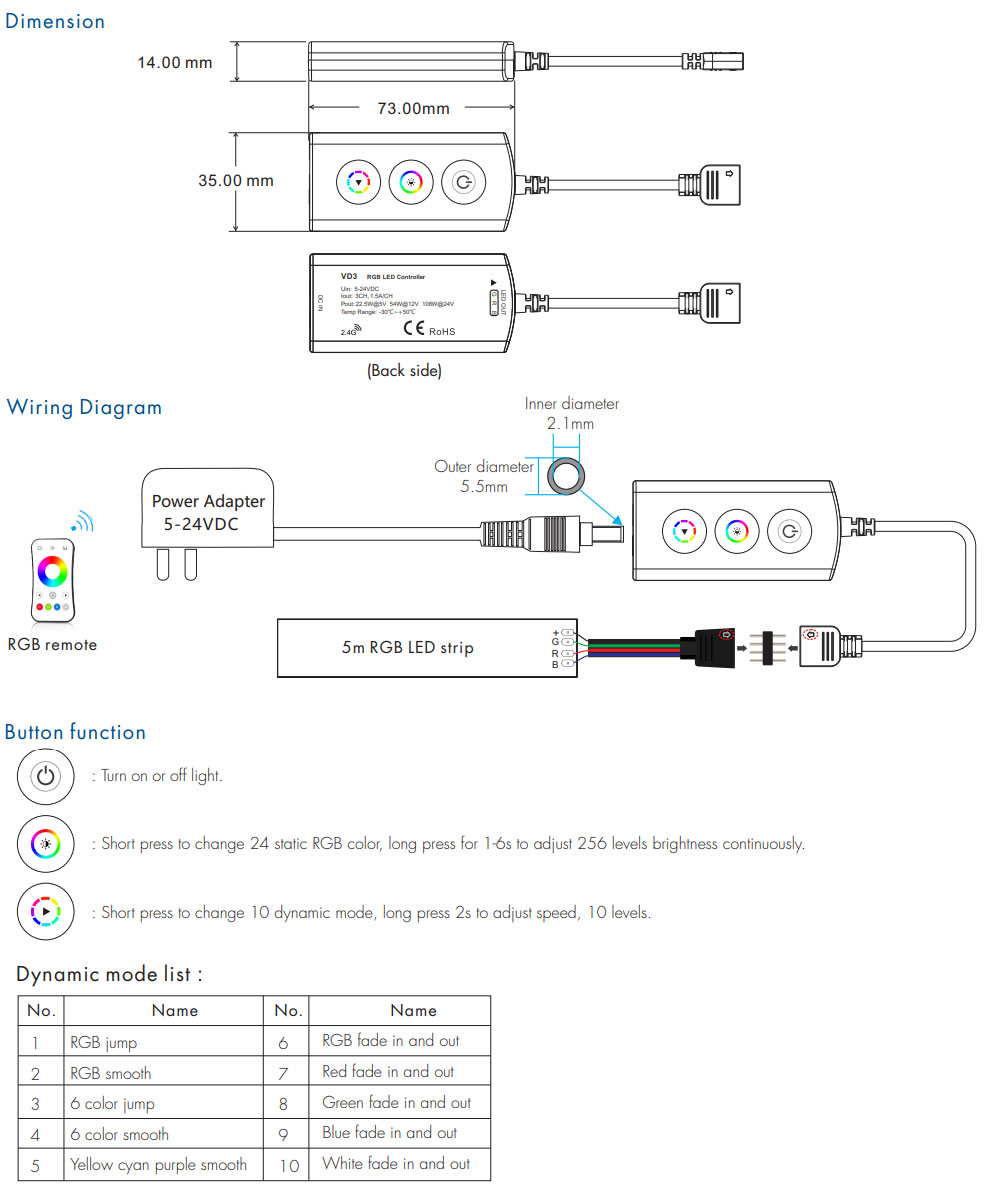 VD3 Mini 3 Button RGB LED Controller Details