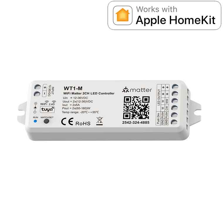 WT1-M WiFi DIM CCT 2CH LED Controller Podpora Tuya APP Apple Home Amazon Alexa