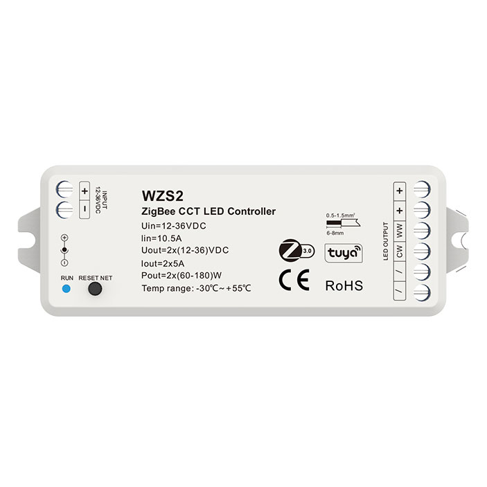 12-36VDC 2CH*5A Zigbee CCT Tunable White LED Controller WZS2 12-36VDC 2CH*5A Zigbee CCT Tunable White LED Controller WZS2