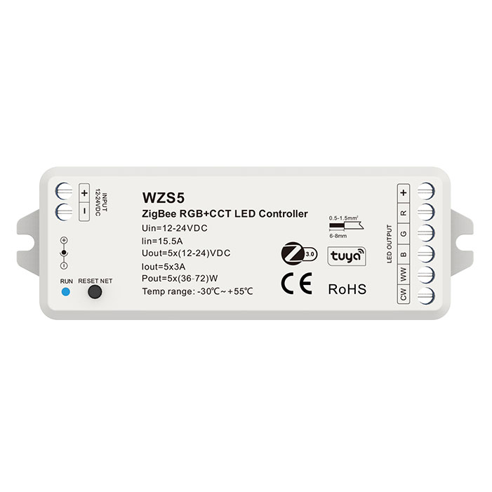 12-24VDC 5CH*3A Tuya Zigbee RGB+CCT LED ovladač WZS5 12-24VDC 5CH*3A Tuya Zigbee RGB+CCT LED ovladač WZS5