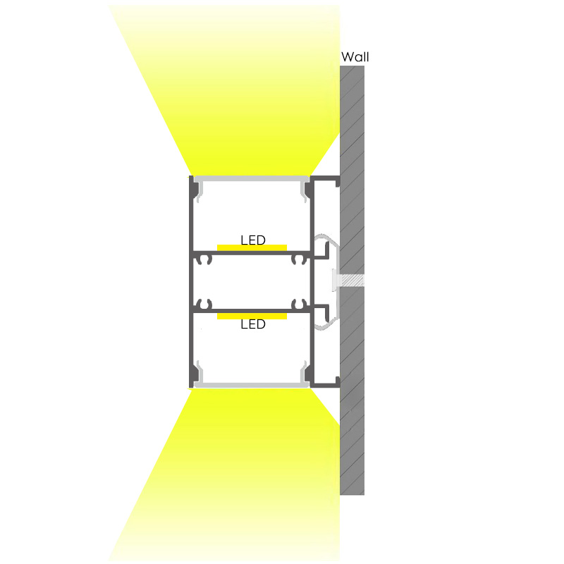 Stříbrné komerční nástěnné svítidlo nahoru a dolů pro LED pásek, přední výška 60 mm Stříbrné komerční nástěnné svítidlo nahoru a dolů pro LED pásek, přední výška 60 mm