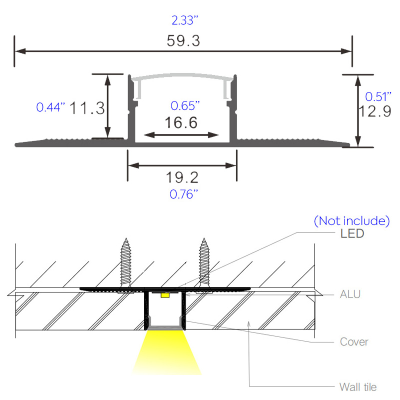 Tile to Tile, Tile to Wood, Tile to Concrete 15mm LED Strip Transition Molding Tile to Tile, Tile to Wood, Tile to Concrete 15mm LED Strip Transition Molding