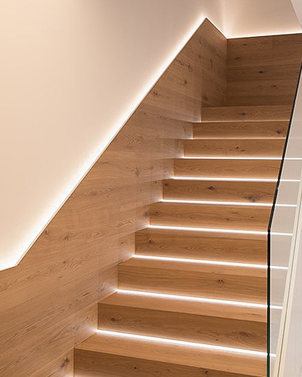 COB LED strip washing a wooden staircase from the side wall
