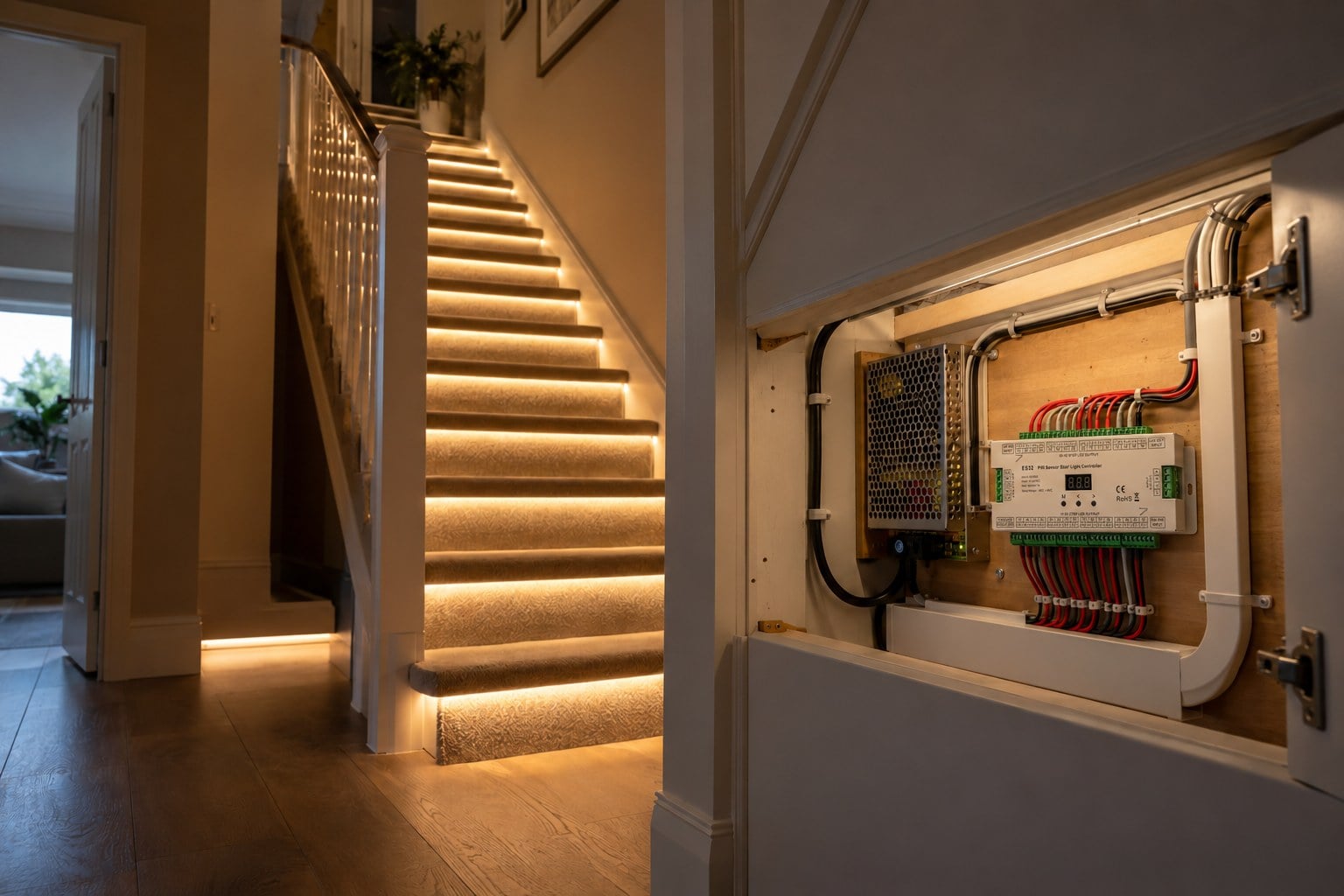 ES32 stair light controller and power supply mounted in an under-stair cabinet beside illuminated stairs