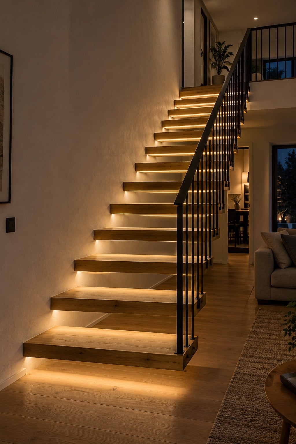 Floating open-riser oak stairs with full-width under-tread LED lighting at night