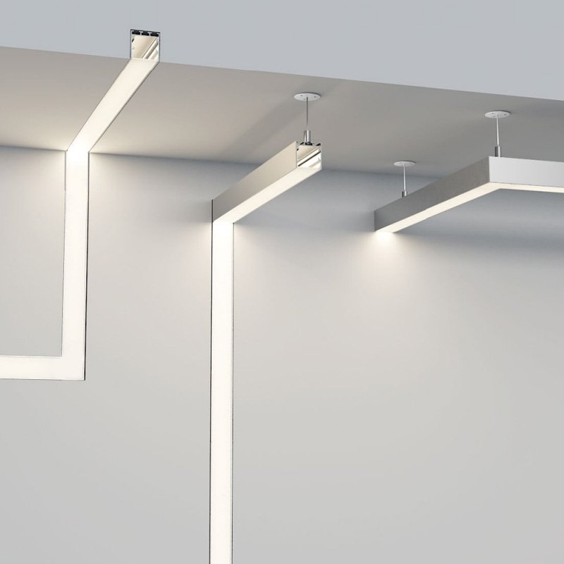 Surface-mounted LED aluminum profiles forming lines on a ceiling
