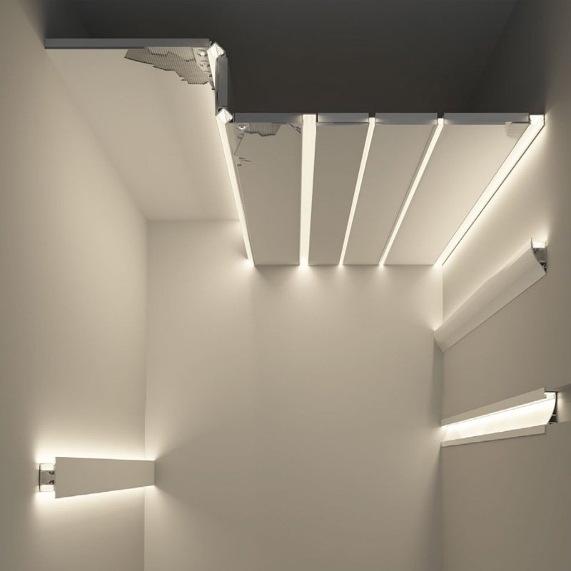 LED aluminum profiles installed in a ceiling corner