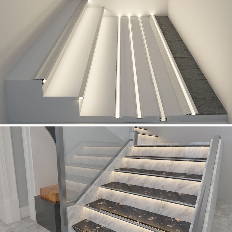 LED aluminium profiles on a stair and in a ceiling