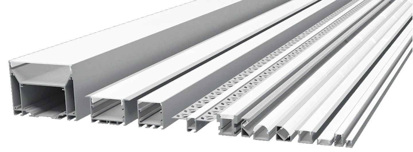 Range of white LED aluminum channels: recessed, surface, corner and plaster-in profiles