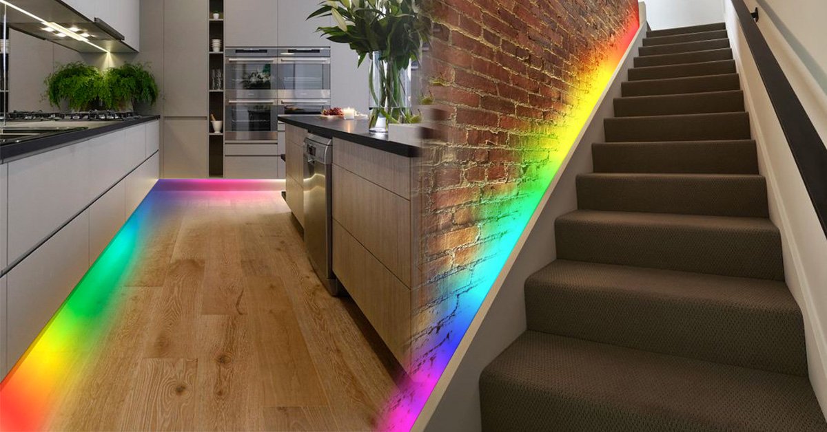 LED neon flex in rainbow colours along a kitchen floor edge and a brick staircase