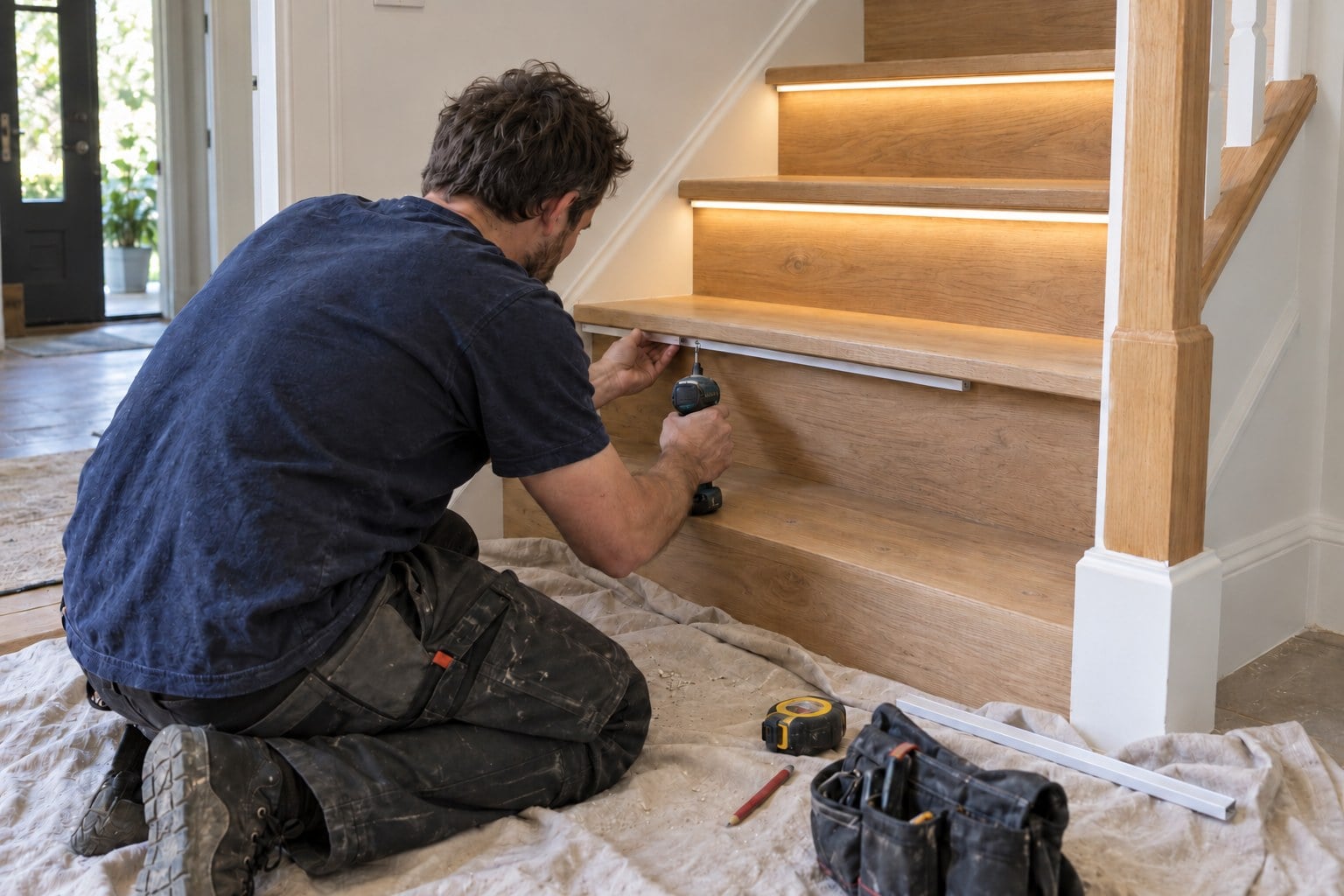 Installer fitting an LED channel under a wooden stair tread with two upper stair lights illuminated