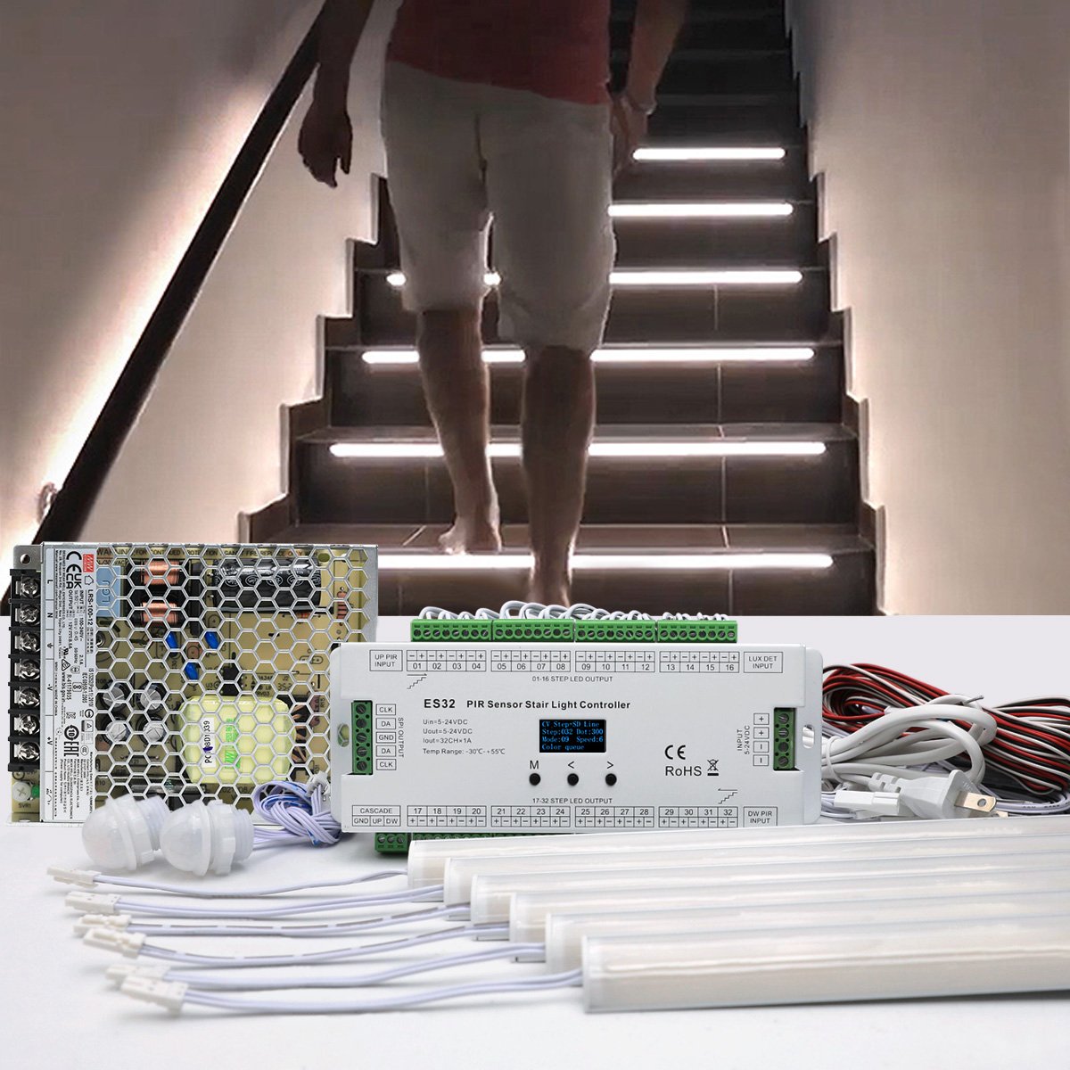 LED stair light kit: strips, controller and power supply with a lit staircase