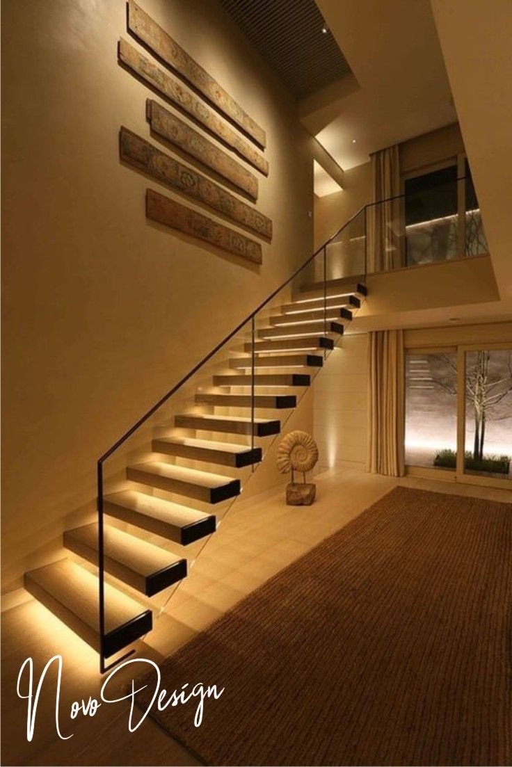 Floating wooden steps lit by LED strips at night
