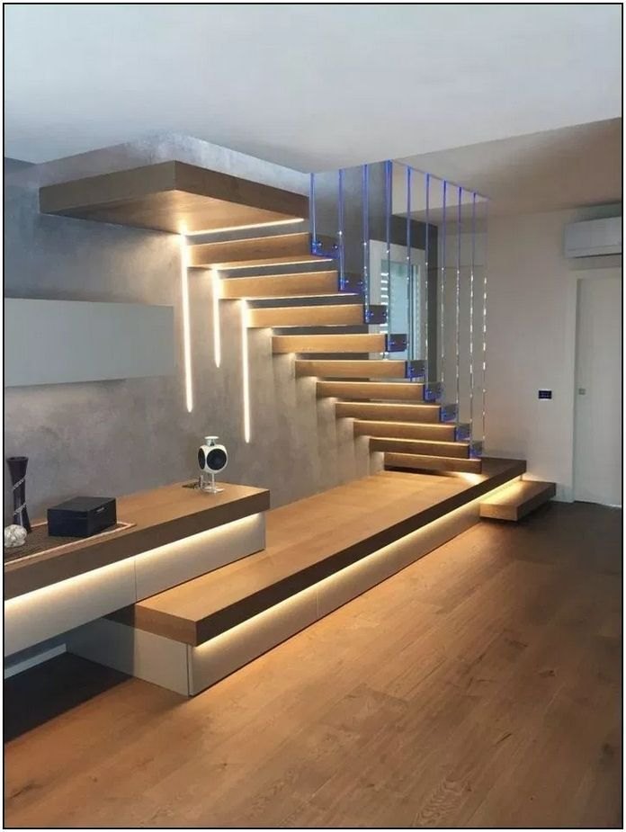 Warm white LED strip under every stair tread