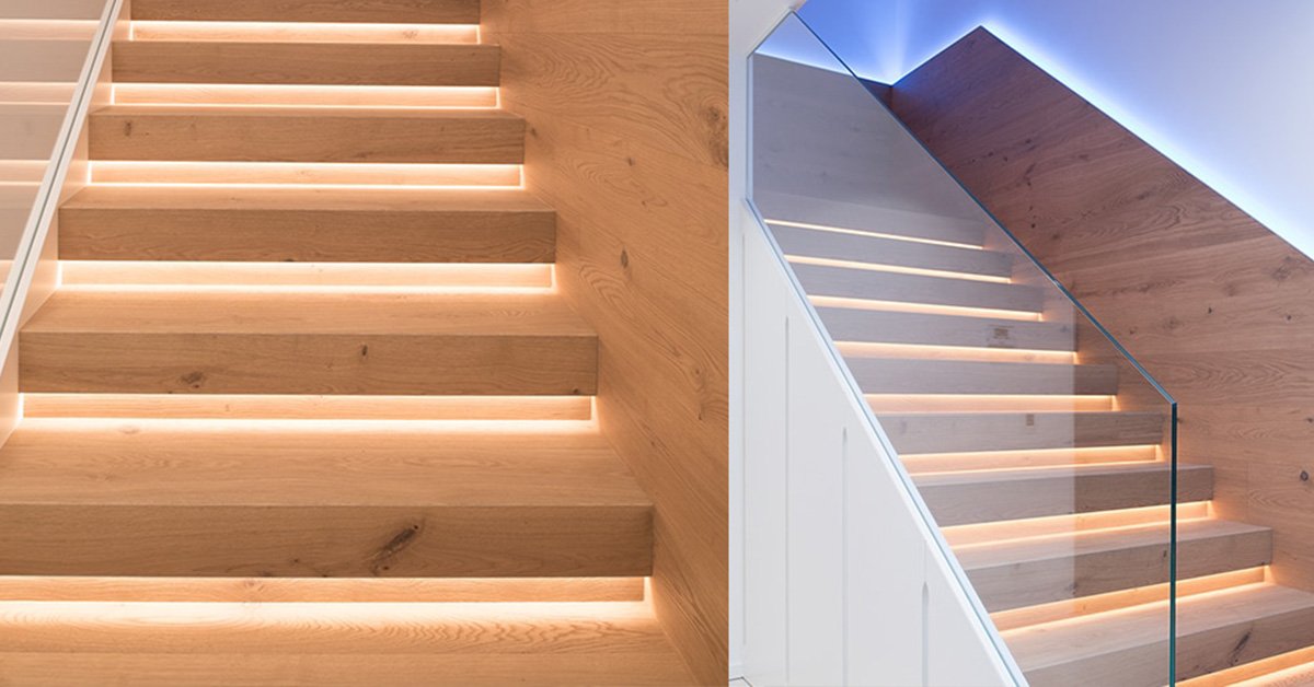 Warm white LED stair lights under each tread of a wooden staircase
