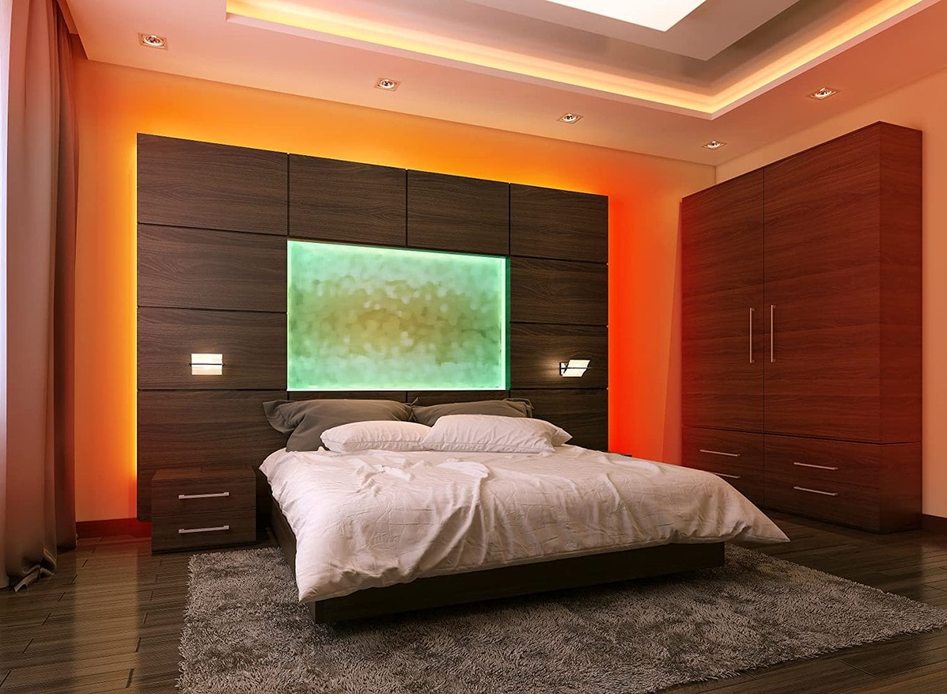 Bedroom with a warm LED strip behind the headboard wall